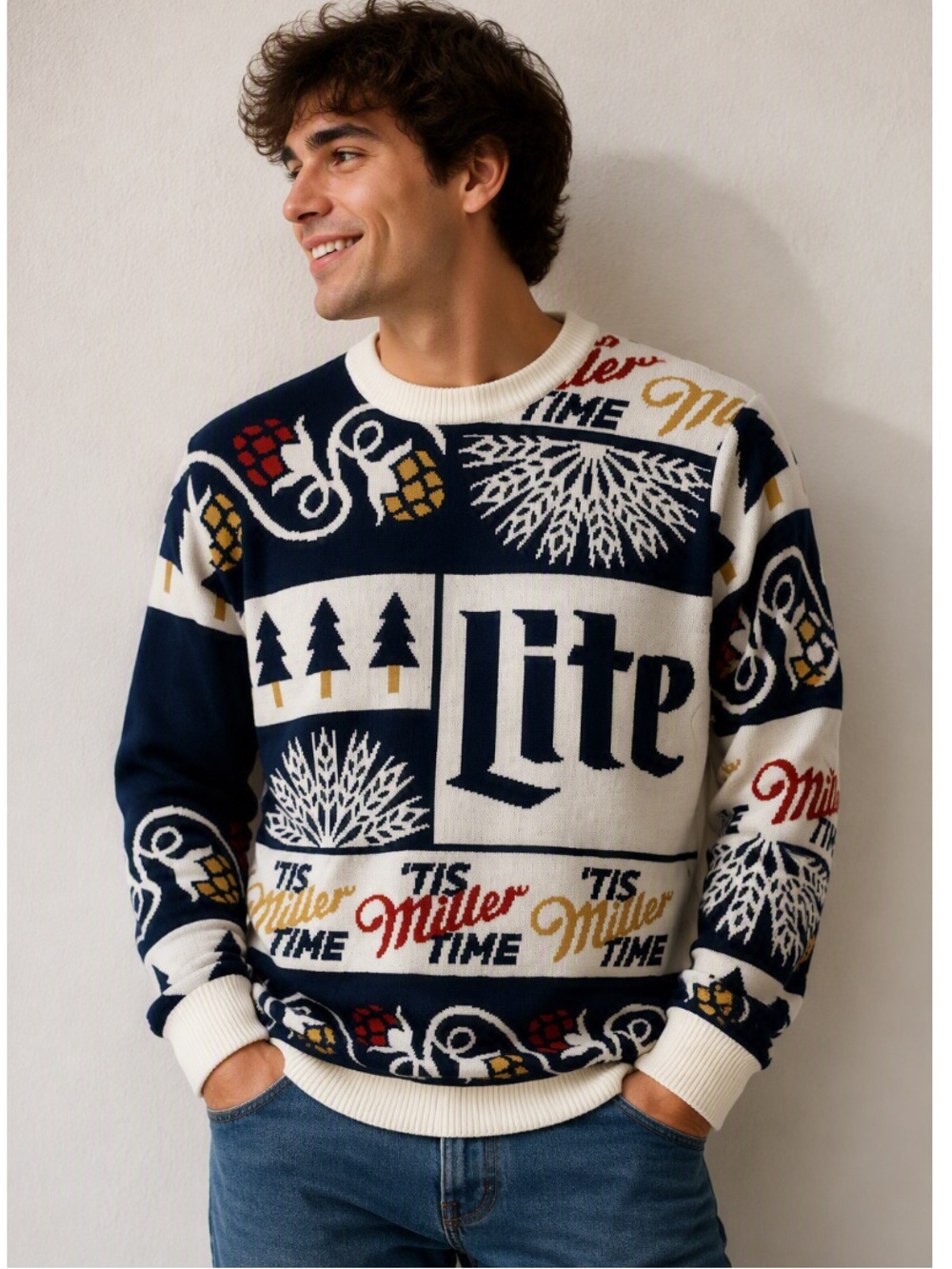 Miller Lite Navy, White & Gold Logo Ugly Christmas Sweater